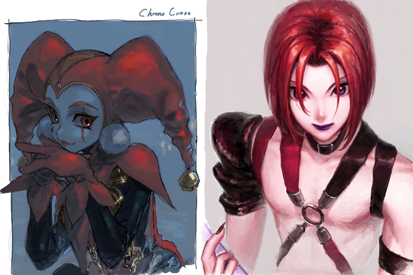 1boy, 1girl, bodysuit, chrono_cross, closed_mouth, facepaint, gloves, harlequin