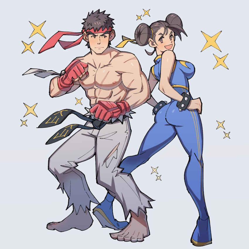 1boy, 1girl, :d, abs, ass, barefoot, black_hair, bracelet, brown_eyes, brown_hair, chun-li, clenched_hands, closed_mouth, commentary, double_bun, double_vertical_stripe, doughnut_hair_bun, english_commentary, expressionless, fingerless_gloves, forked_eyebrows, full_body, gloves, grey_background, hair_ribbon, hands_on_hips, headband, highres, jewelry, kalamari, looking_at_viewer, looking_back, muscular, muscular_male, nipples, open_mouth, pants, pectorals, red_gloves, ribbon, ryu_(street_fighter), sash, scar, scar_on_arm, scar_on_chest, shirtless, short_hair, simple_background, skin_tight, sleeveless, smile, sparkle, spiked_bracelet, spikes, standing, street_fighter, street_fighter_v, street_fighter_zero_(series), torn_clothes, torn_pants, unitard, yellow_ribbon