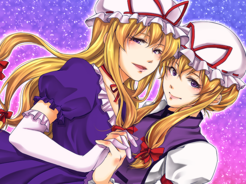 blonde_hair, blush, dual_persona, elbow_gloves, gloves, hand_holding, hat, holding_hands