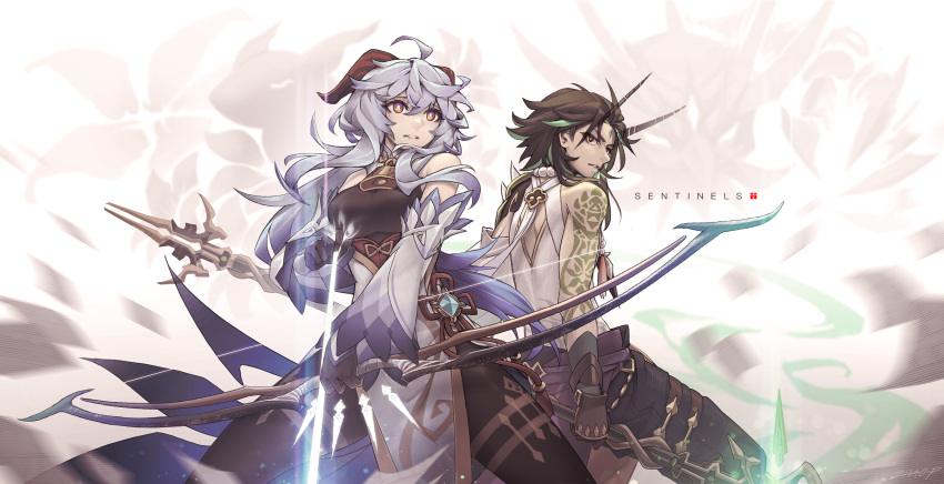 1boy, 1girl, absurdres, ahoge, arm_tattoo, armor, asymmetrical_clothes, bangs, bare_shoulders, bead_necklace, beads, bell, black_bodysuit, black_gloves, black_hair, black_legwear, blue_hair, bodystocking, bodysuit, bow_(weapon), breasts, cowbell, detached_sleeves, facial_mark, flower_knot, forehead_mark, ganyu_(genshin_impact), genshin_impact, gloves, goat_horns, green_hair, highres, holding, holding_weapon, horns, jewelry, long_hair, long_sleeves, medium_breasts, multicolored_hair, necklace, parted_bangs, polearm, short_hair, short_hair_with_long_locks, shoulder_pads, sidelocks, single_bare_shoulder, slit_pupils, spear, tattoo, toned, toned_male, two-tone_hair, violet_eyes, weapon, xiao_(genshin_impact), yellow_eyes, zhaoyuan_pan