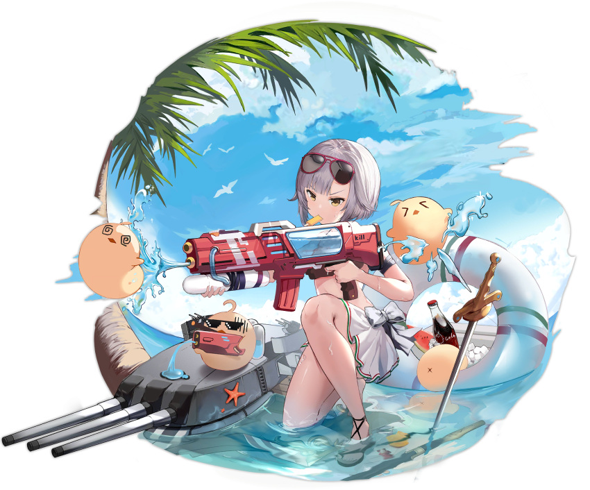 1girl, alisa_(kuro_no_sakura), artillery, azur_lane, blue_sky, conte_di_cavour_(azur_lane), conte_di_cavour_(fierce_beachside_battle)_(azur_lane), eyewear_on_head