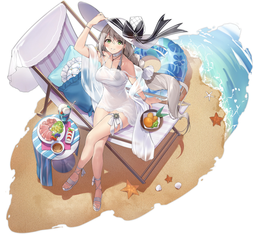 1girl, aquila_(azur_lane), aquila_(sardegnian_shallows_and_sunshine)_(azur_lane), arm_support, arm_up, azur_lane, bangs, beach