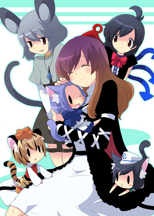 >_<, :<, animal_ears, asymmetrical_wings, black_hair, blonde_hair, blush, blush_stickers