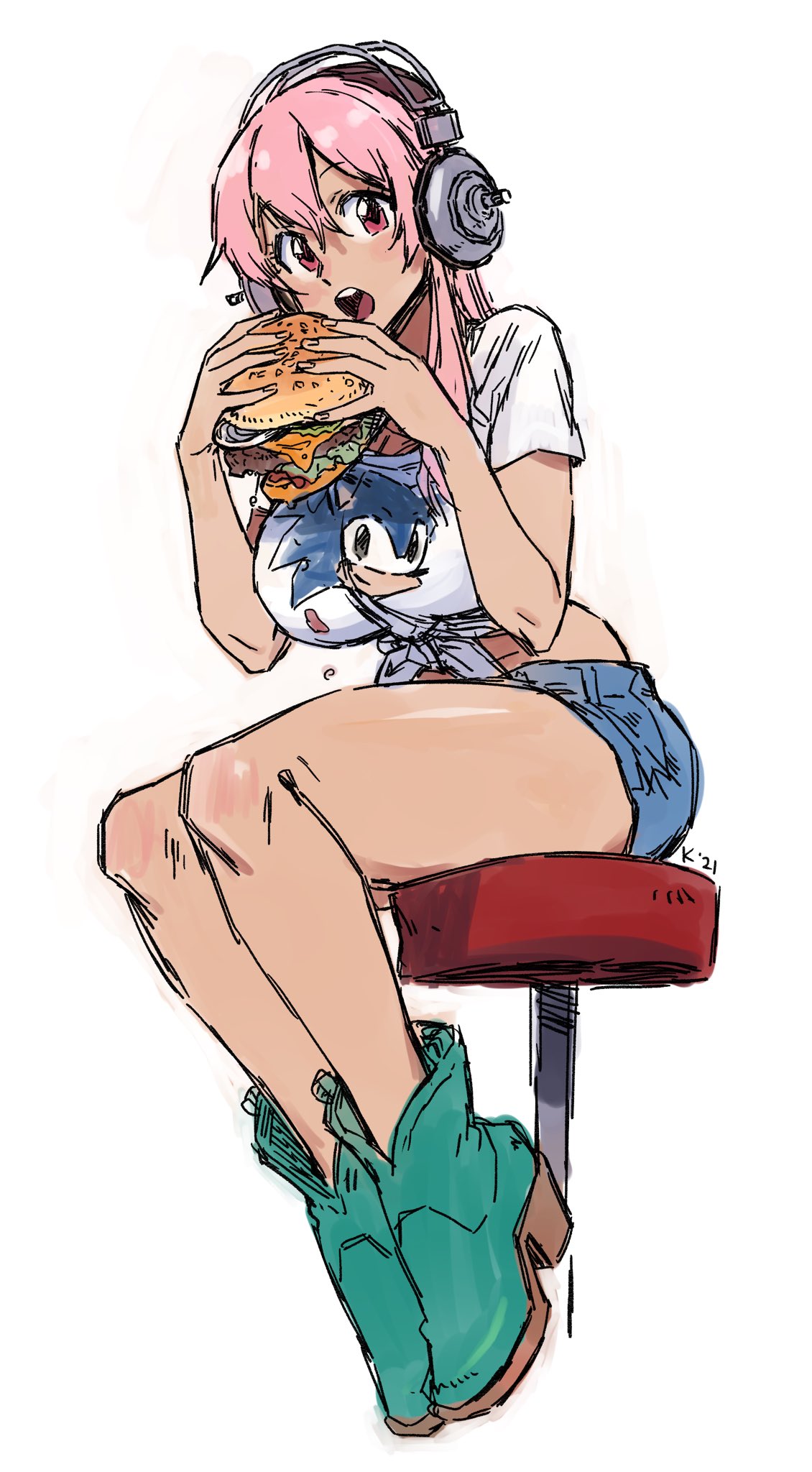 1girl, bangs, breasts, denim, denim_shorts, english_commentary, food, graphic_shirt
