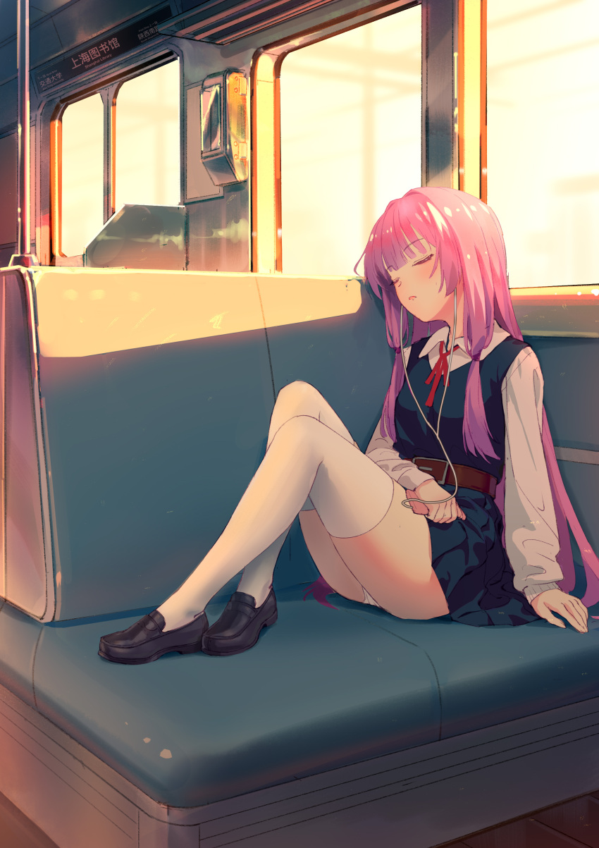 1girl, absurdres, against_wall, akino_sakura_(oresuki), bangs, belt, blue_dress, brown_belt, chair, closed_eyes, collar, crossed_legs, dress, earphones, evening, eyebrows_visible_through_hair, full_body, ground_vehicle, hair_ornament, hand_on_own_thigh, head_tilt, hen-te, highres, holding, holding_phone, indoors, knees_up, listening_to_music, long_hair, long_sleeves, neck_ribbon, on_chair, open_mouth, ore_wo_suki_nano_wa_omae_dake_ka_yo, panties, pantyshot, phone, pinafore_dress, pleated_dress, pole, purple_hair, red_ribbon, ribbon, shiny, shiny_clothes, shiny_hair, shirt, shoes, sidelocks, sitting, sleeping, solo, sunlight, thighs, train, train_interior, underwear, very_long_hair, white_collar, white_legwear, white_panties, white_shirt, window