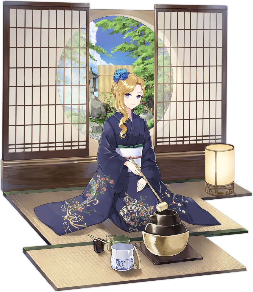 1girl, artist_request, azur_lane, blonde_hair, blue_eyes, blue_flower, blue_kimono, breasts