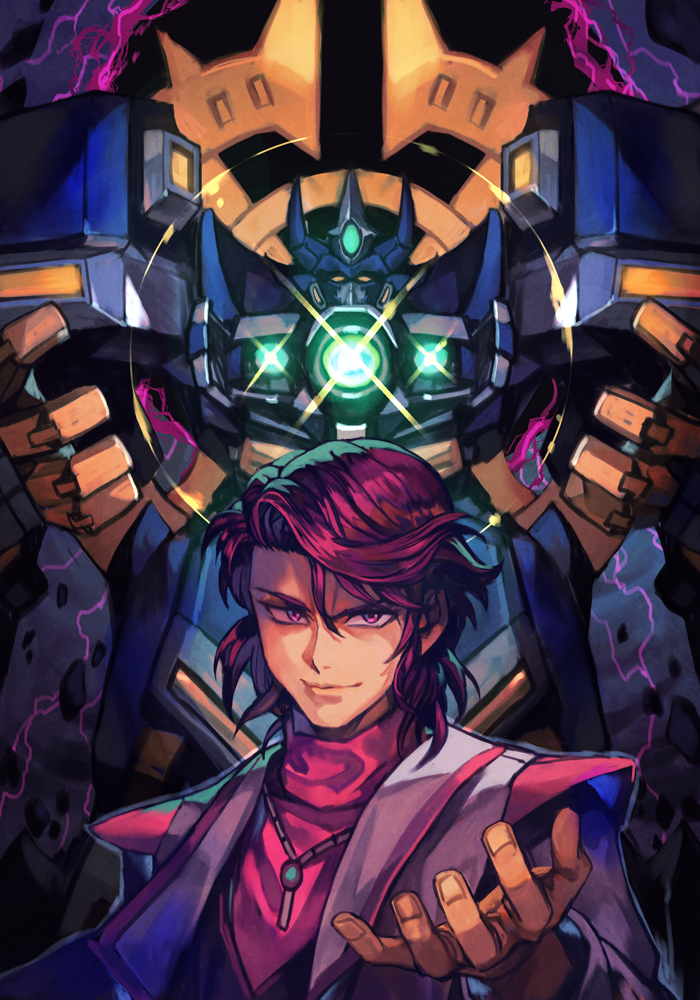 1boy, floating_hair, hankuri, hankuri, jacket, jewelry, male_focus, mecha, necklace, neo_granzon, open_hand, pink_sweater, purple_hair, science_fiction, shuu_shirakawa, smile, super_robot, super_robot_wars, super_robot_wars_original_generation, sweater, turtleneck, violet_eyes, white_jacket, yellow_eyes