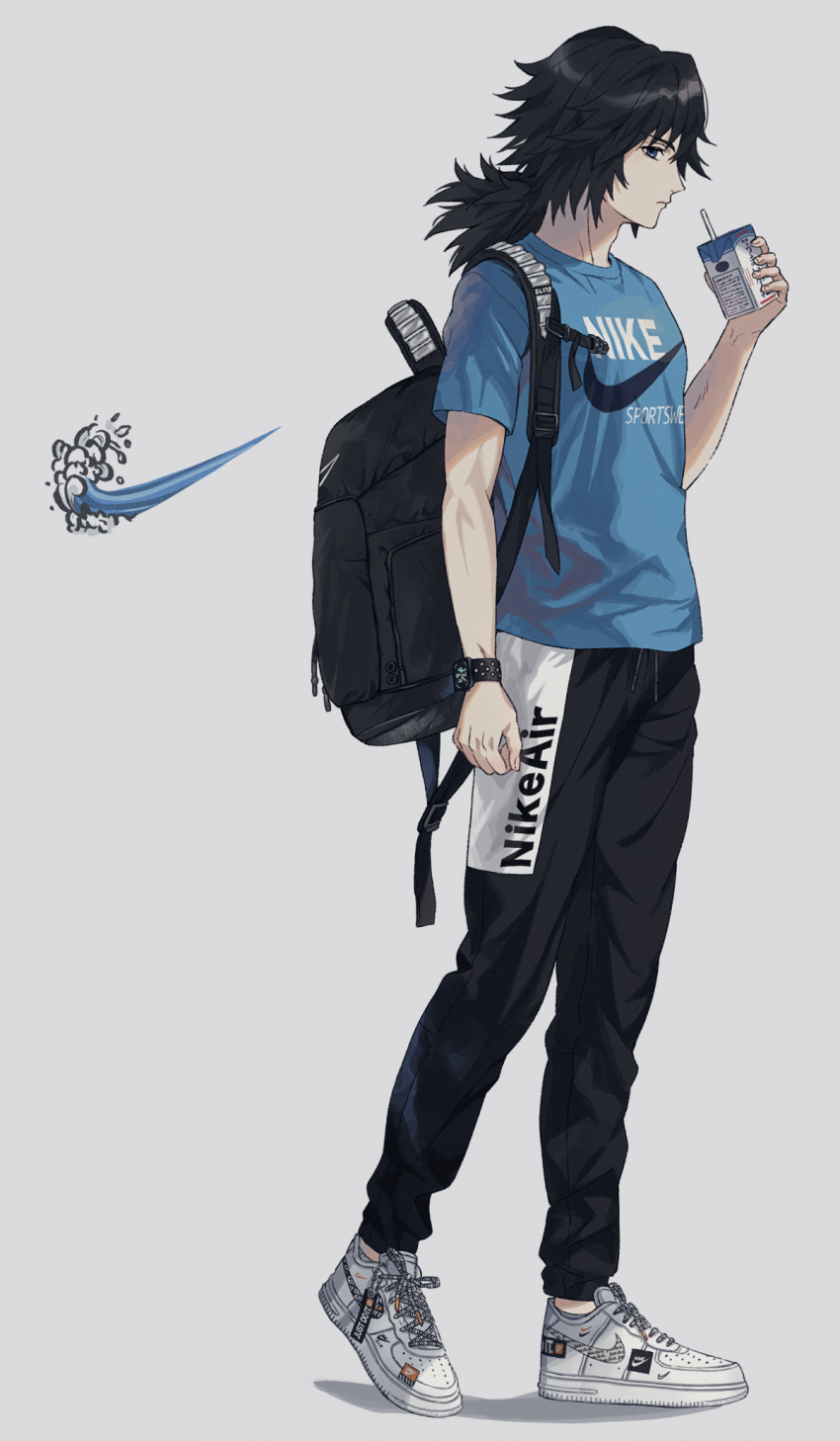 1boy, 234_(1234!), alternate_costume, backpack, bag, black_hair, black_legwear, blue_eyes