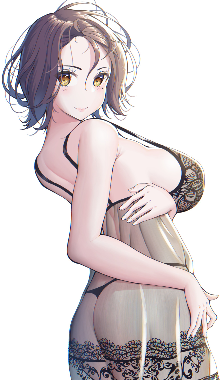1girl, absurdres, arm_under_breasts, ass, babydoll, back, black_babydoll, black_panties