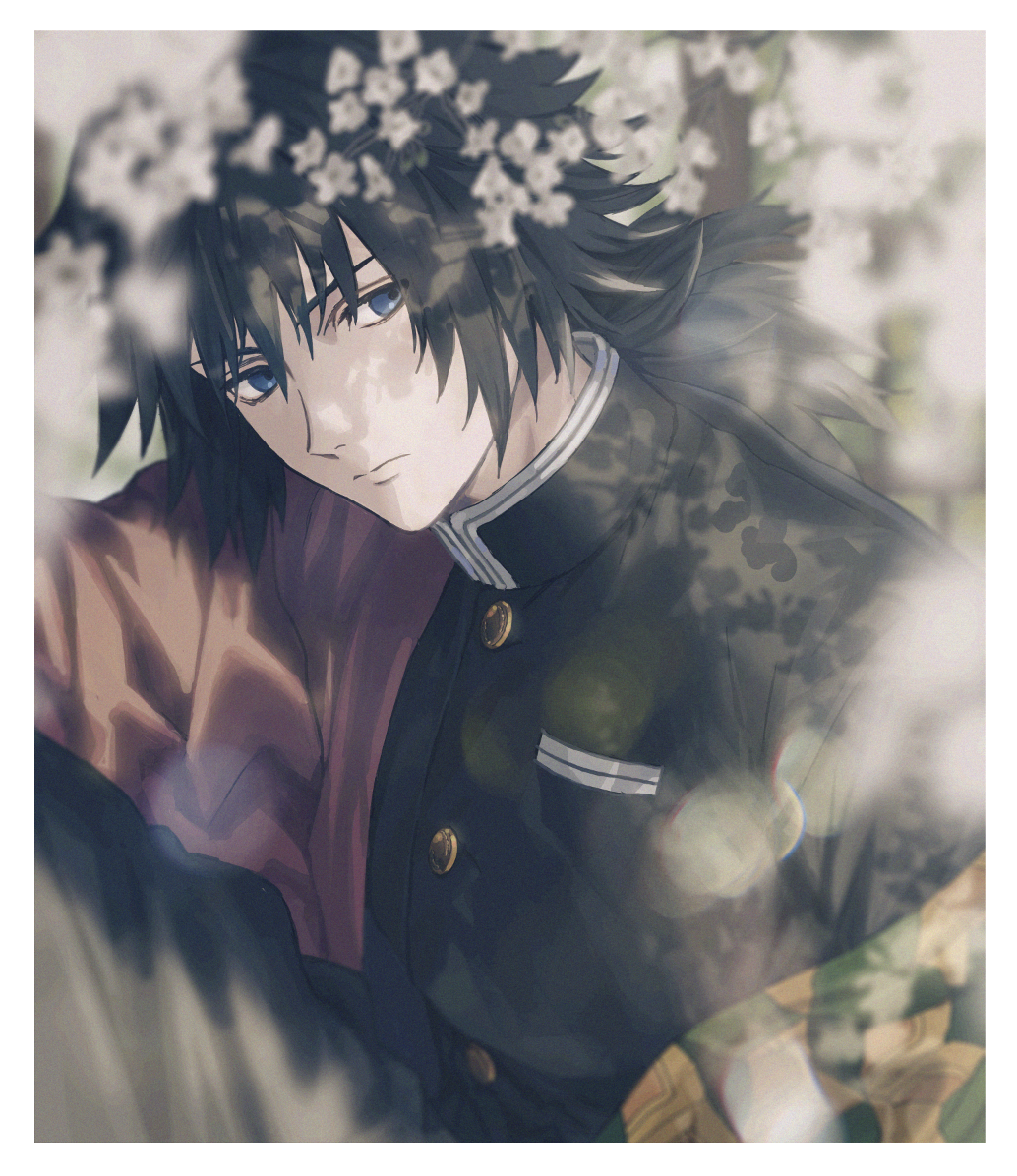 1boy, 234_(1234!), bangs, black_hair, black_shirt, blue_eyes, blurry, blurry_foreground
