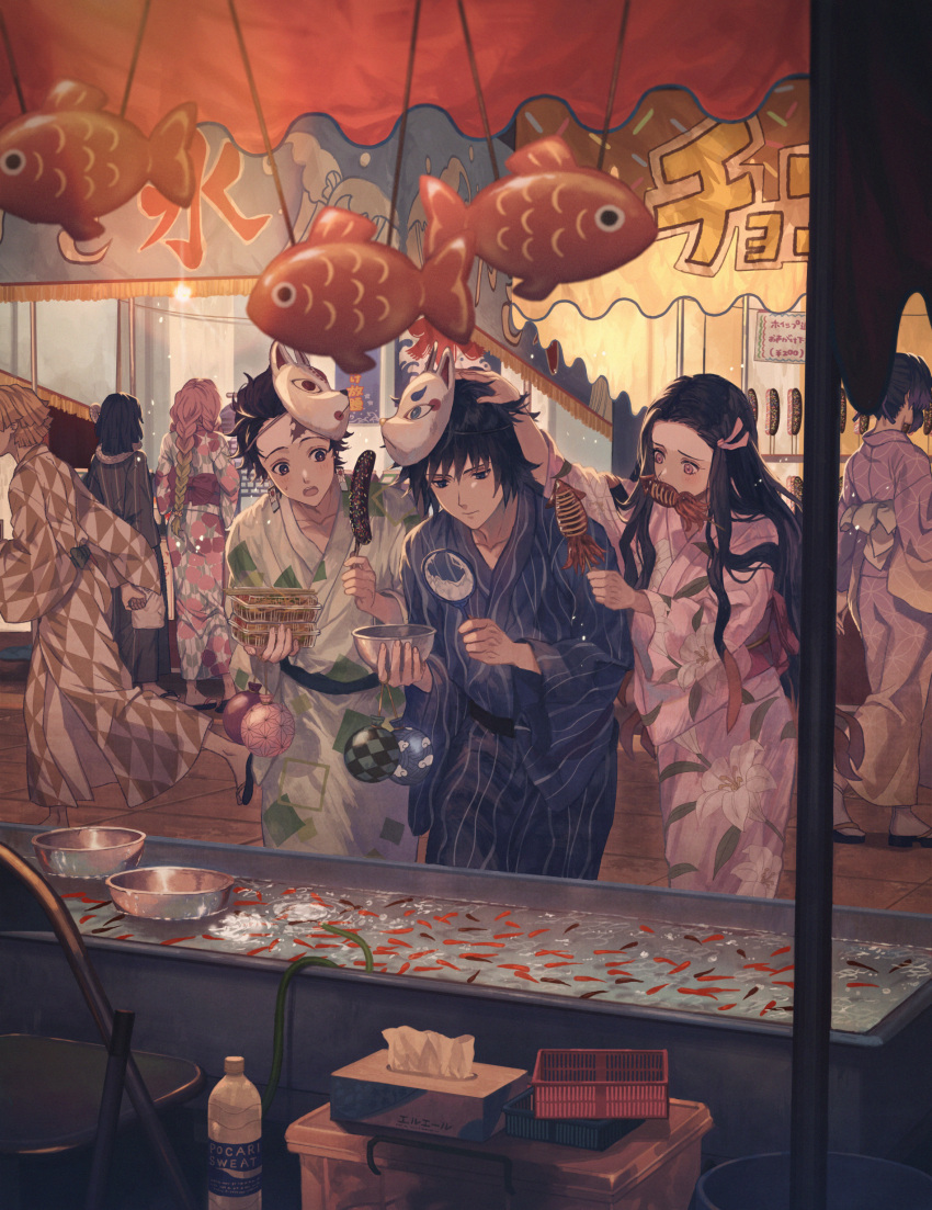 234_(1234!), 3girls, 4boys, :o, absurdres, agatsuma_zenitsu, black_hair, blonde_hair