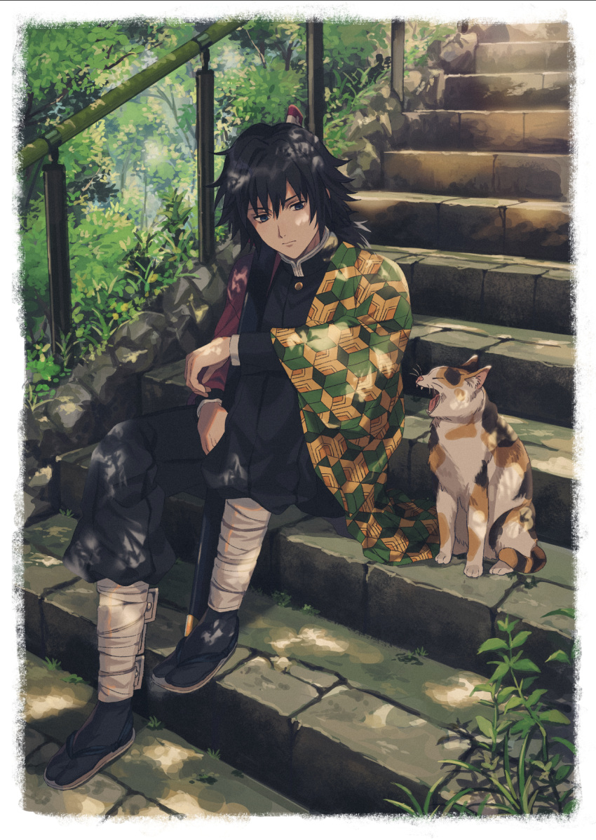 1boy, 234_(1234!), animal, arm_on_knee, bangs, black_hair, black_pants, black_shirt