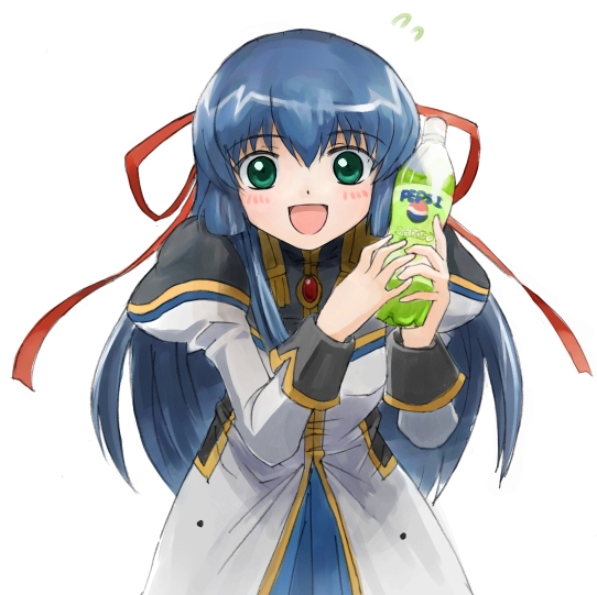 :d, blue_eyes, blue_hair, bottle, galaxy_angel, karasuma_chitose, looking_at_viewer, nyama, open_mouth, pepsi, pepsi_shiso, product_placement, smile, soda, solo
