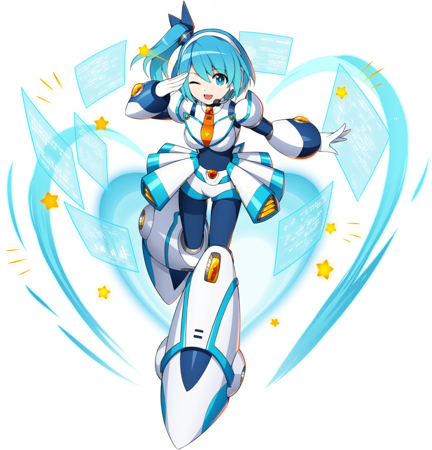1girl, android, bangs, blue_bodysuit, blue_eyes, bodysuit, breasts, eyebrows_visible_through_hair, full_body, gradient, gradient_hair, hair_ornament, headset, highres, joints, leg_up, long_hair, looking_at_viewer, medium_breasts, mega_man_(series), mega_man_x_(series), mega_man_x_dive, mizuno_keisuke, multicolored_hair, official_art, one_eye_closed, one_side_up, open_mouth, pale_skin, ponytail, rico_(mega_man), robot, robot_joints, rockman_x_dive, shiny, shiny_hair, shorts, side_ponytail, smile, solo, tied_hair, transparent_background
