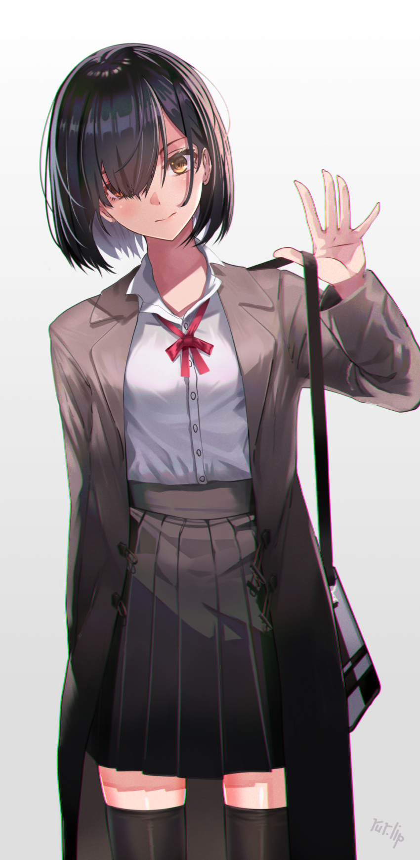 1girl, adjusting_strap, artist_name, bag, bangs, black_hair, black_legwear, black_skirt