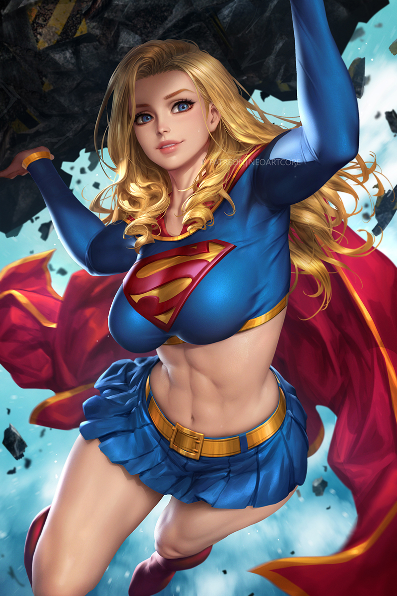 1girl, abs, blonde_hair, blue_eyes, blue_skirt, boots, breasts, cape