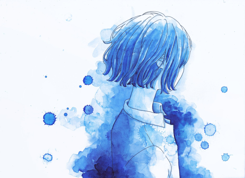 1girl, blue_hair, blue_theme, collared_shirt, from_side, highres, original, shirt