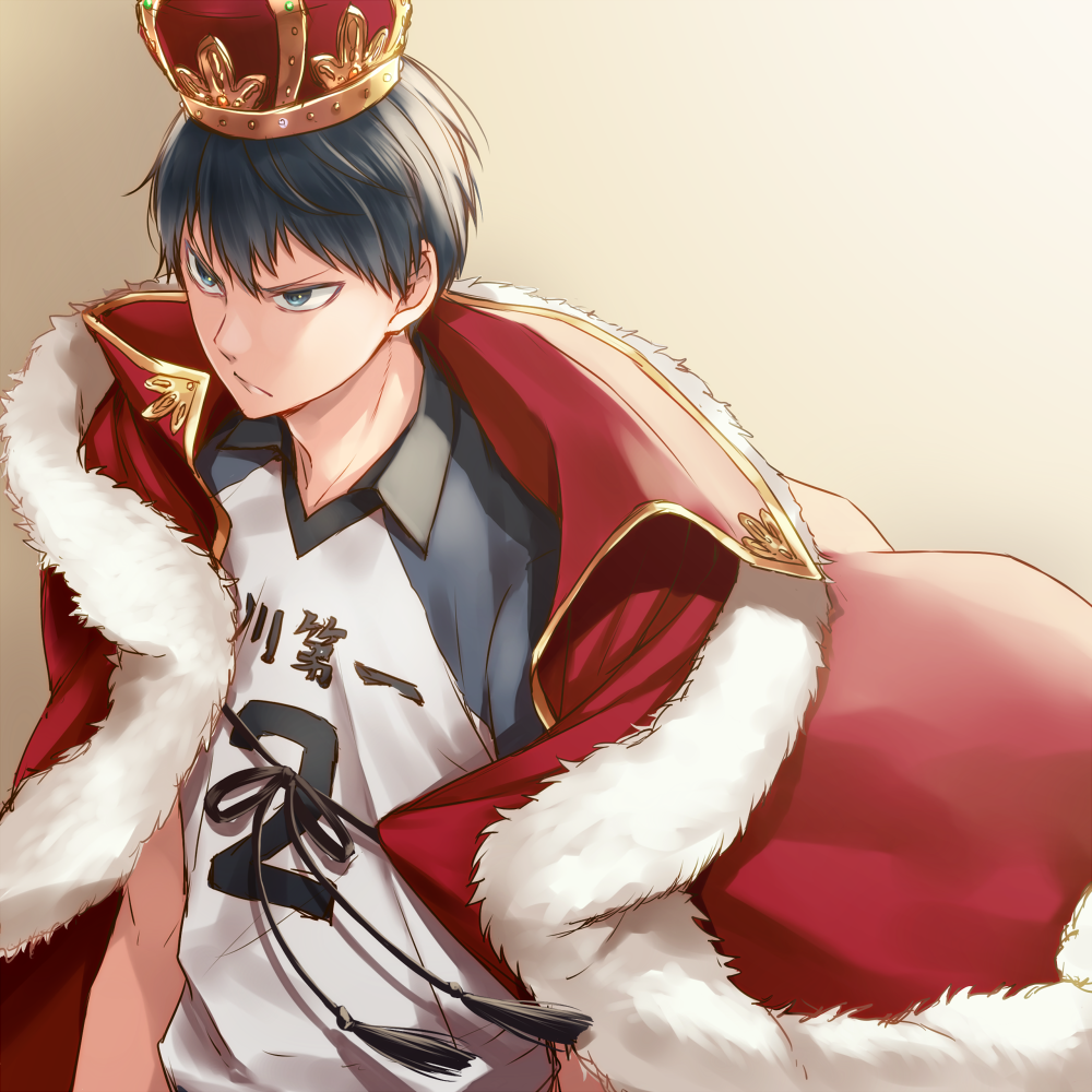 1boy, bangs, black_hair, blue_eyes, cape, crown, frown, fur_trim