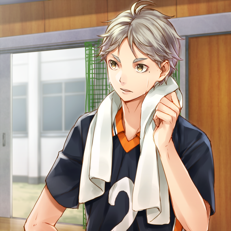 1boy, day, eyebrows, grey_hair, haikyuu!!, indoors, kou-hai, looking_to_the_side