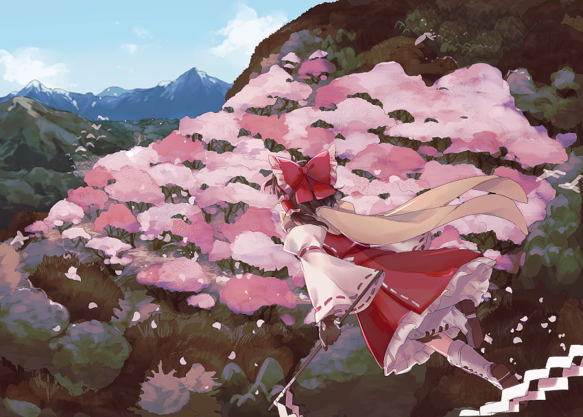 1girl, bird, boots, bow, brown_hair, cherry_blossoms, clouds, day