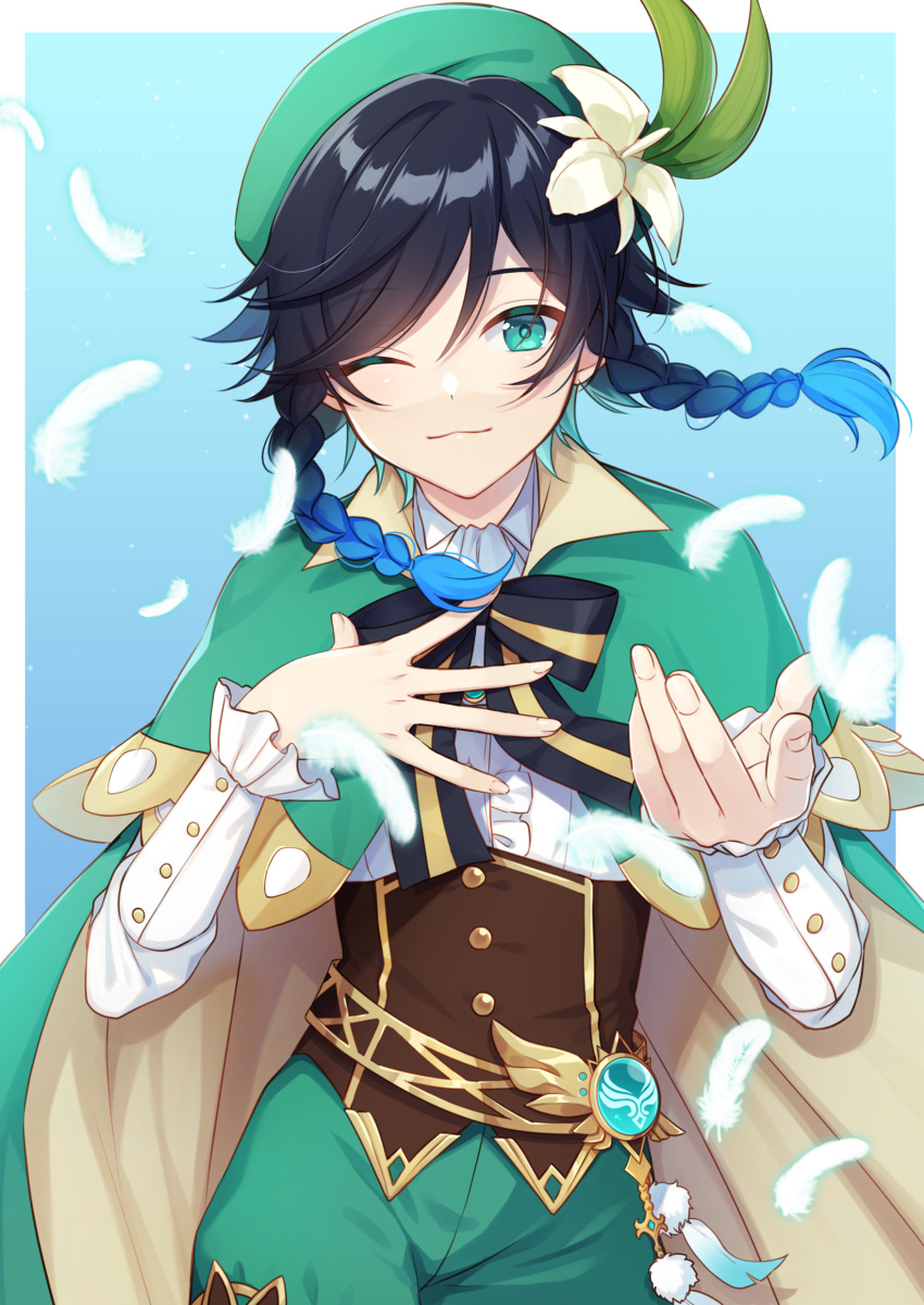 1boy, 1o_(ichio), absurdres, androgynous, bangs, beret, black_hair, blue_hair, bow, braid, brooch, cape, closed_mouth, collared_cape, collared_shirt, commentary_request, corset, eyebrows_visible_through_hair, feathers, flower, frilled_sleeves, frills, gem, genshin_impact, gradient_hair, green_eyes, green_headwear, green_shorts, hair_flower, hair_ornament, hand_on_own_chest, hat, highres, jewelry, leaf, long_sleeves, looking_at_viewer, male_focus, multicolored_hair, one_eye_closed, reaching_out, shirt, short_hair_with_long_locks, shorts, simple_background, smile, solo, twin_braids, venti_(genshin_impact), vision_(genshin_impact), white_flower, white_shirt