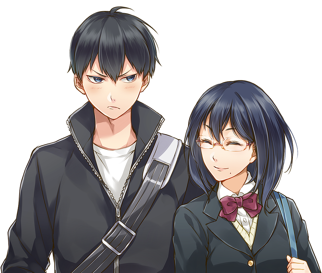 1boy, 1girl, ^_^, bag, black_hair, blue_eyes, blush, bow