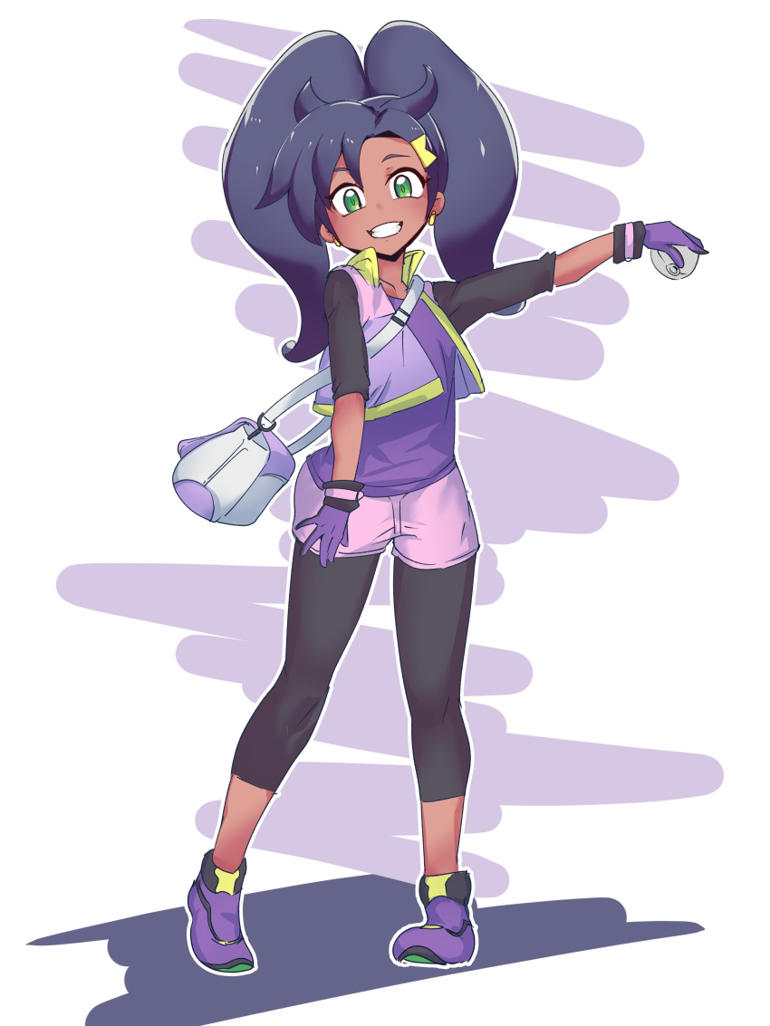 1girl, absurdres, bag, bangs, black_bodysuit, black_hair, bodysuit, clenched_teeth, collarbone, commentary_request, cropped_jacket, dark_skin, dark-skinned_female, earrings, full_body, gloves, green_eyes, grin, hair_ornament, highres, jacket, jewelry, knees, looking_at_viewer, new_pokemon_snap, open_clothes, open_jacket, outline, pigeon-toed, pink_shorts, pokemon, pokemon_(game), purple_footwear, purple_gloves, purple_shirt, rita_(pokemon), shirt, shoes, shorts, shoulder_bag, sleeveless, sleeveless_jacket, smile, solo, standing, teeth, twintails, white_bag, zetsu_(zyej5442)