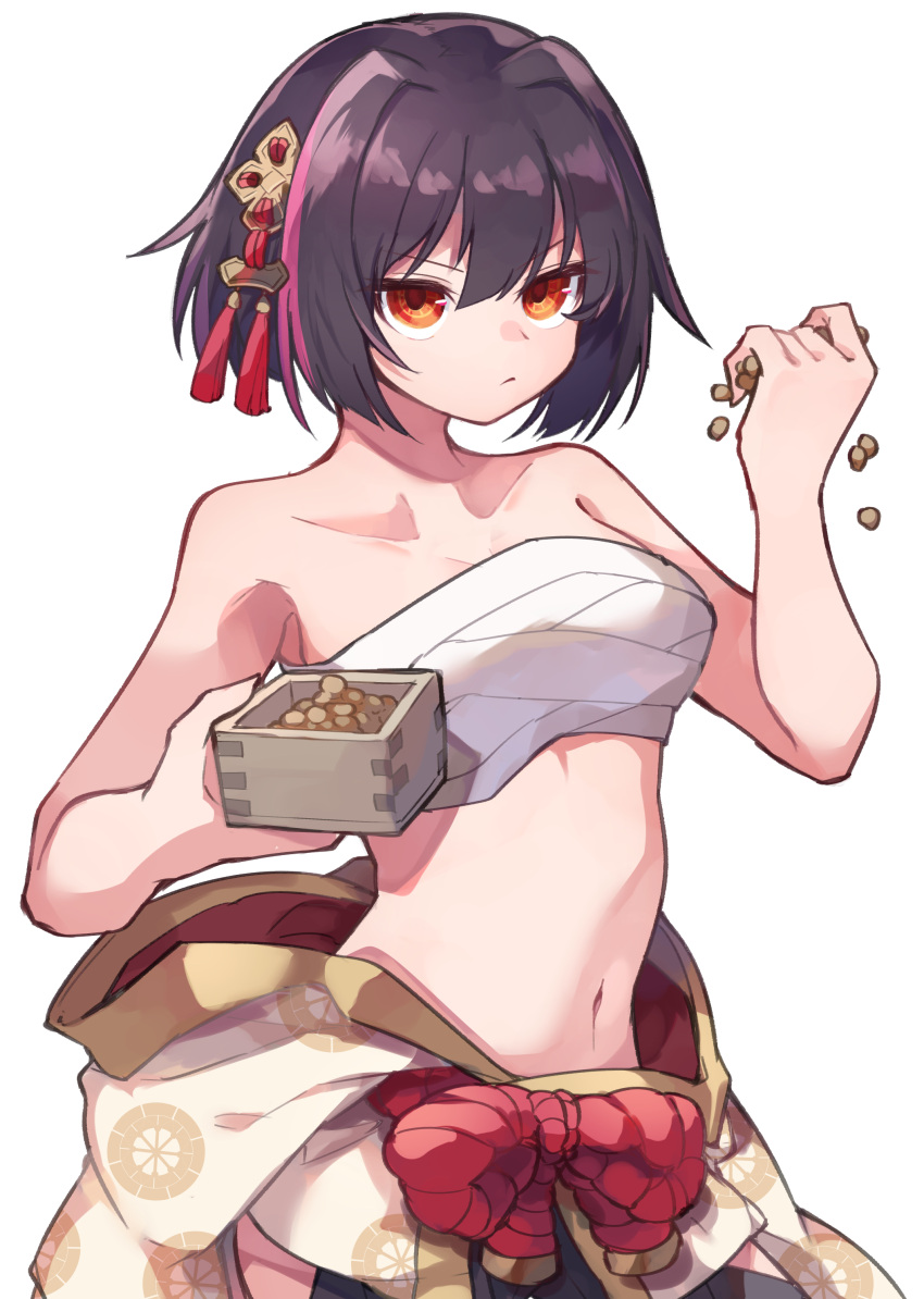1girl, absurdres, bangs, beans, black_hair, black_pants, breasts, character_request, closed_mouth, food, hair_between_eyes, hakama_pants, hands_up, highres, holding, holding_food, kuuron_(moesann17), looking_at_viewer, masu, medium_breasts, navel, pants, puzzle_&amp;_dragons, red_eyes, sarashi, setsubun, short_hair, simple_background, solo, v-shaped_eyebrows, white_background