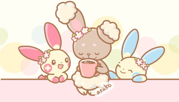 :d, artist_name, asakoline, black_eyes, buneary, closed_eyes, closed_mouth, commentary_request, cup, flower, gen_3_pokemon, gen_4_pokemon, holding, holding_cup, liquid, looking_at_another, minun, mug, no_humans, open_mouth, plusle, pokemon, pokemon_(creature), smile, toes