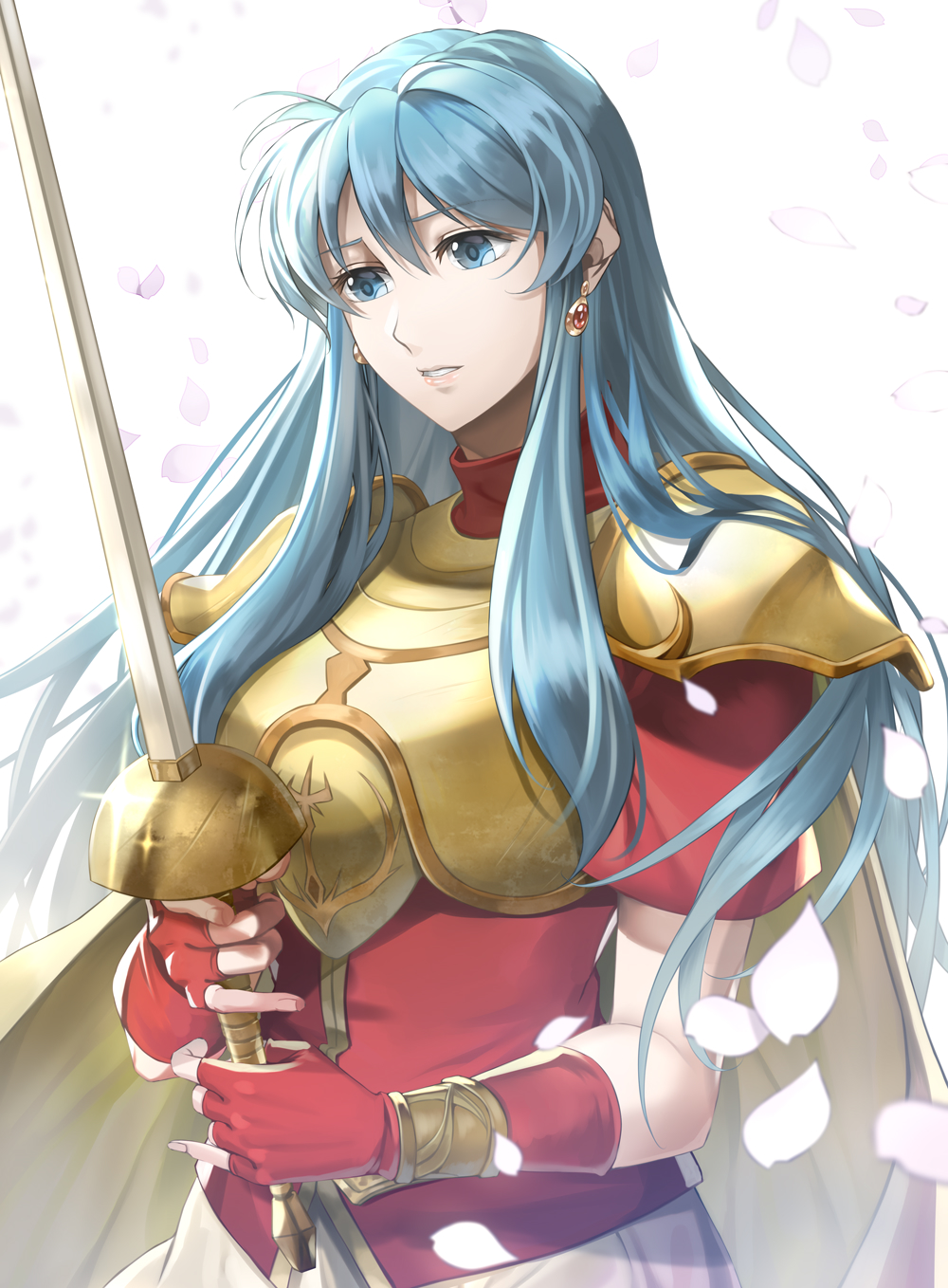 1girl, aqua_eyes, aqua_hair, armor, bangs, breastplate, breasts, cape
