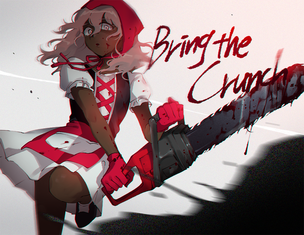 1girl, artist_request, blood, bloody_weapon, chainsaw, dark_skin, dark-skinned_female, douchebag_(south_park), dress, empty_eyes, gloves, holding_chainsaw, long_hair, pink_hair, red_hood, solo, south_park, south_park:_the_fractured_but_whole, weapon