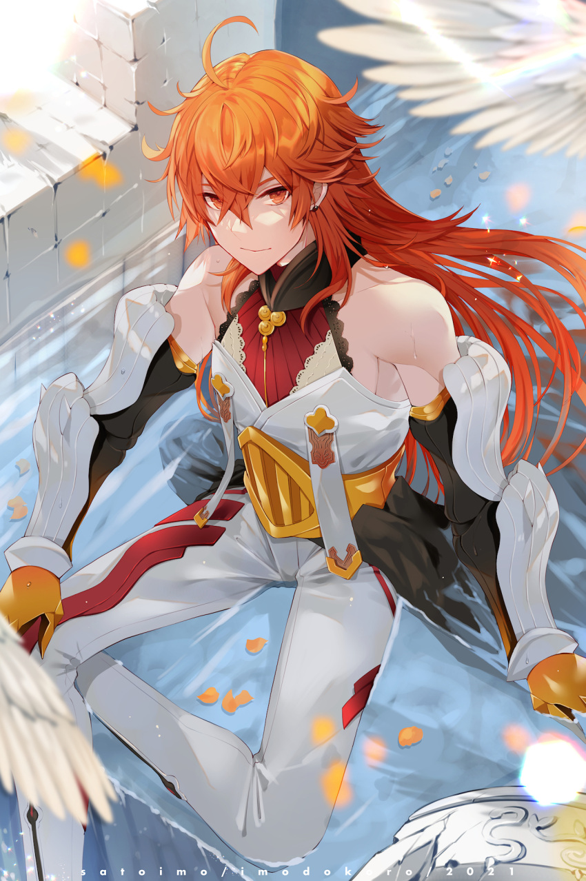 1boy, ahoge, arm_guards, artist_name, bangs, bird, black_sleeves, blurry