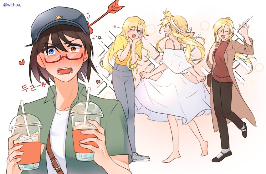 2girls, blonde_hair, blush, brown_hair, cup, disposable_cup, dress, drink, glasses, hands_on_own_face, hat, heart, heterochromia, holding, holding_drink, kamikoshi_sorawo, multiple_girls, multiple_views, nishina_toriko, straw_hat, urasekai_picnic, white_dress, yabooo_2000
