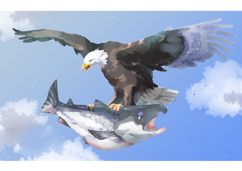 animalization, bald_eagle, bird, blue_eyes, blue_sky, clouds, eagle, fish, flying, highres, kamikoshi_sorawo, nishina_toriko, no_humans, nro, salmon_(fish), sky, tears, urasekai_picnic