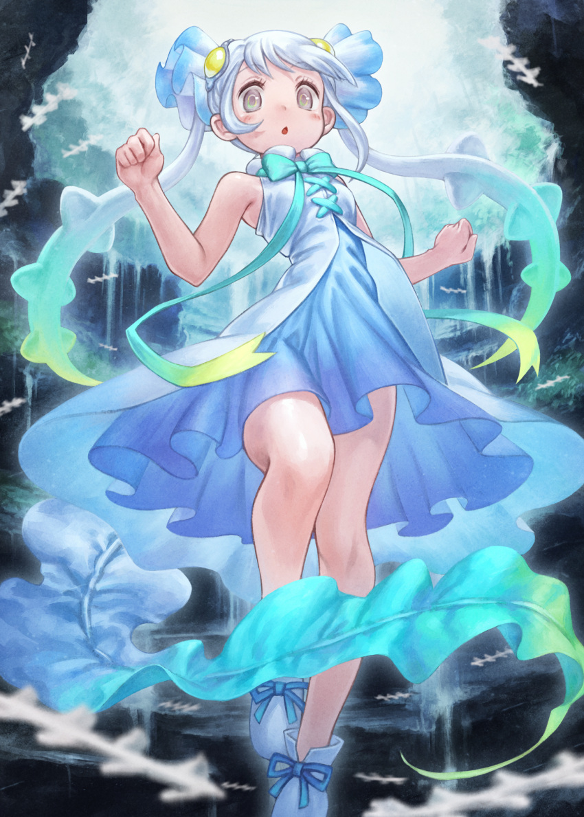 1girl, aqua_bow, aqua_ribbon, bangs, blue_dress, blue_footwear, blush, bow