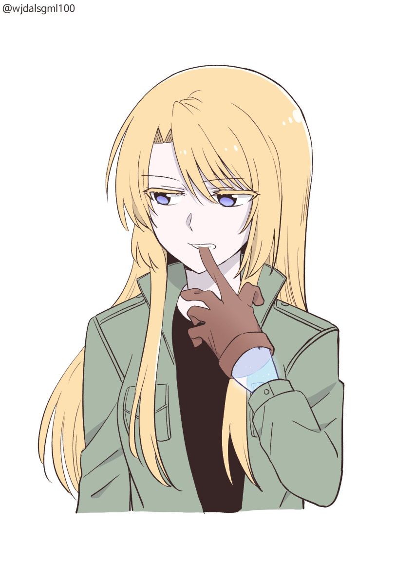 1girl, biting, biting_clothes, blonde_hair, blue_eyes, gloves, green_jacket, highres