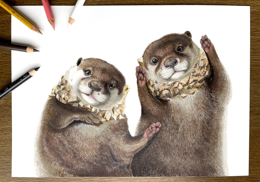abe_yuichiro, animal, animal_focus, citrine_(gemstone), colored_pencil_(medium), highres, looking_at_viewer, no_humans, original, otter, photo_(medium), simple_background, traditional_media, white_background