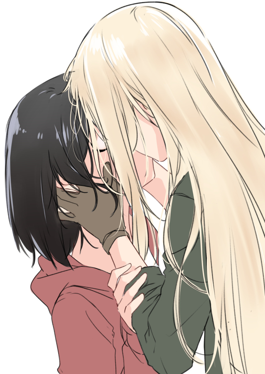 2girls, akira_miku_ver, blonde_hair, brown_hair, hands_on_another's_face, hidden_face, highres, hood