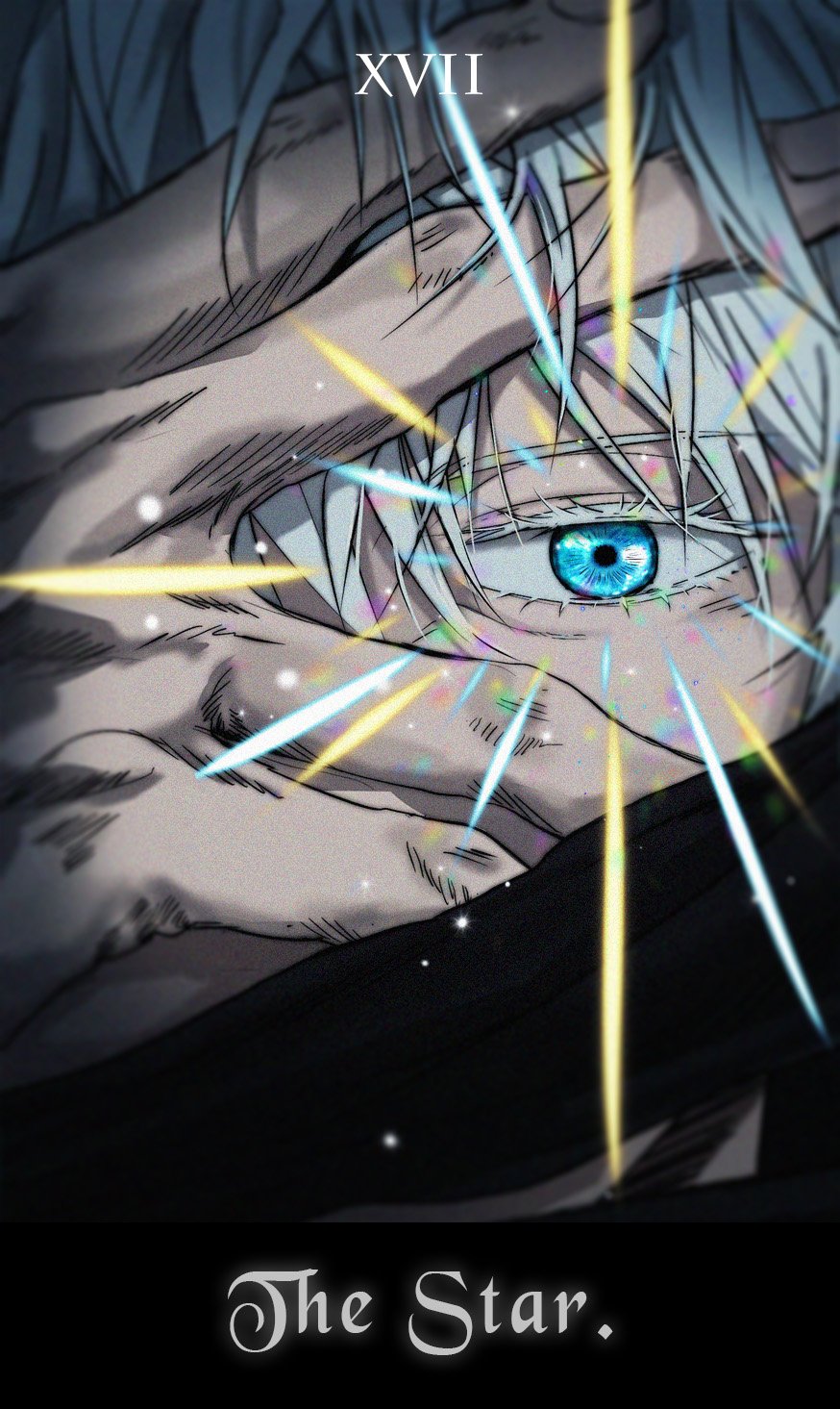 1boy, bangs, black_blindfold, blindfold, blue_eyes, english_text, eyelashes, gojou_satoru