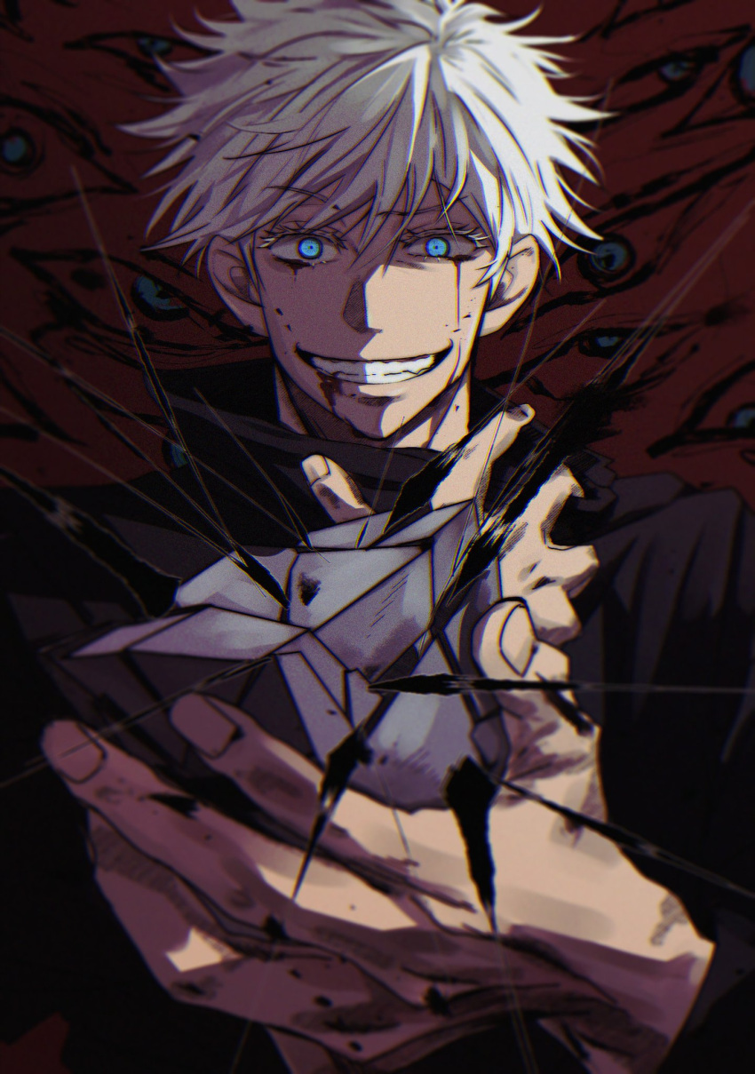 1boy, bangs, black_jacket, blood, blood_on_face, blue_eyes, cube, eyes