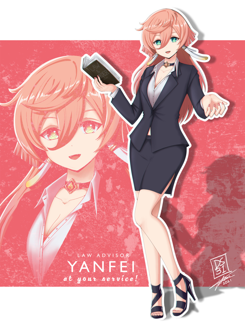 1girl, alternate_costume, antlers, bare_legs, black_choker, black_footwear, black_jacket, black_skirt, blazer, book, character_name, choker, collared_shirt, contemporary, darkstar31, dress_shirt, full_body, genshin_impact, green_eyes, hair_between_eyes, high_heels, highres, holding, jacket, long_hair, long_sleeves, looking_at_viewer, office_lady, open_mouth, pencil_skirt, pink_hair, shirt, side_slit, skirt, smile, solo, standing, vision_(genshin_impact), white_shirt, yanfei_(genshin_impact)