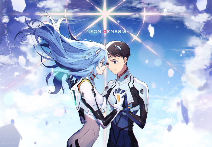 1boy, 1girl, absurdres, alternate_hair_length, alternate_hairstyle, ayanami_rei, bangs, blue_hair
