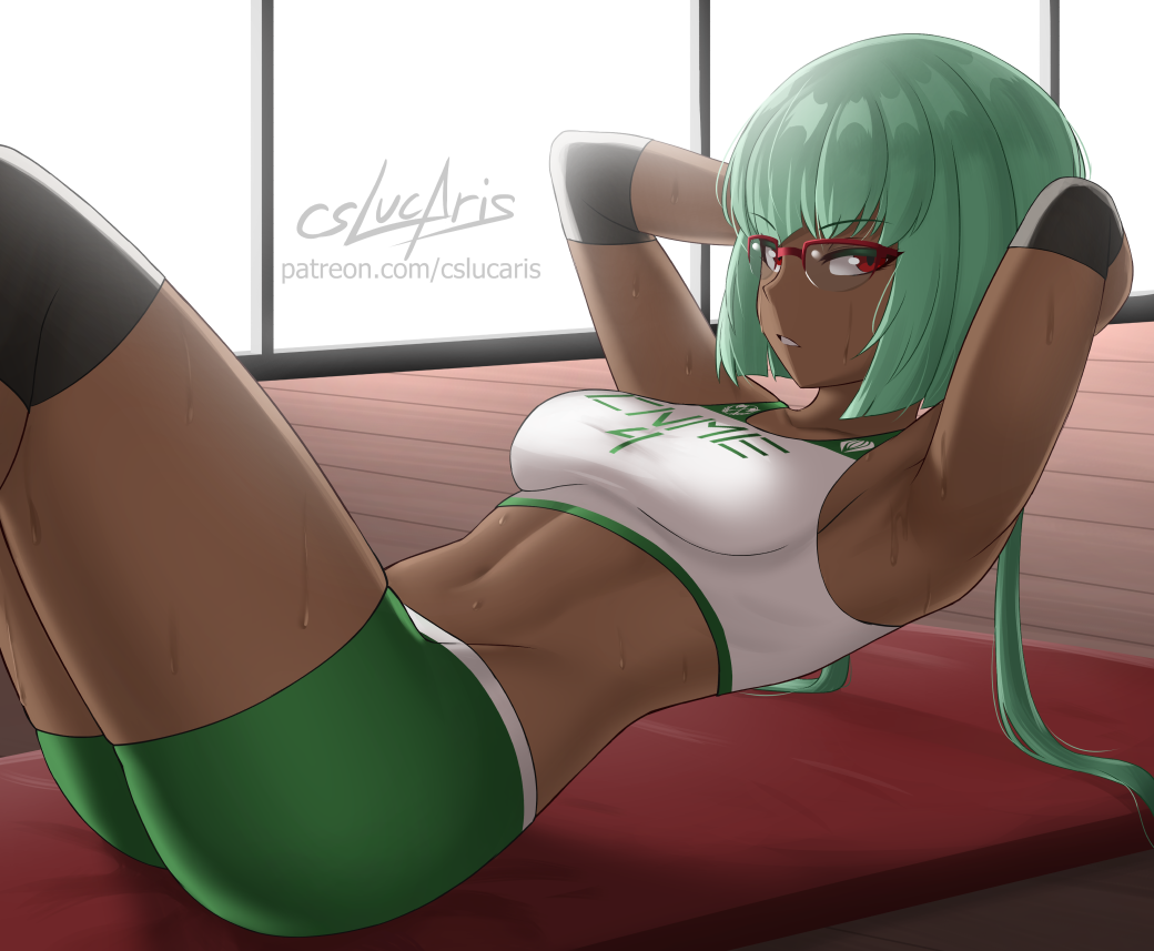 1girl, armpits, arms_behind_head, bangs, bra, breasts, cslucaris, dark_skin