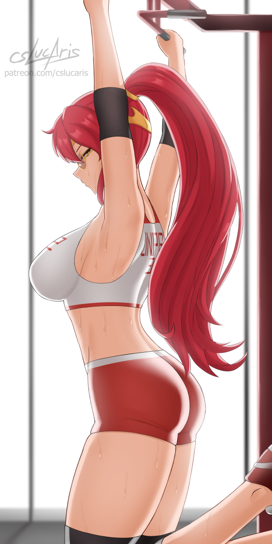 1girl, armpits, arms_up, breasts, circlet, crop_top, cslucaris, glasses, hair_ornament, high_ponytail, large_breasts, long_hair, looking_at_viewer, looking_to_the_side, pyrrha_nikos, red_footwear, red_shorts, redhead, rwby, shiny, shiny_hair, shoes, short_shorts, shorts, sideboob, signature, sneakers, solo, sweat, very_long_hair, watermark, web_address