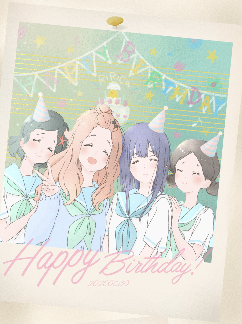 4girls, absurdres, amayadori_uki, birthday, black_hair, blue_neckwear, blue_sailor_collar, blue_shirt