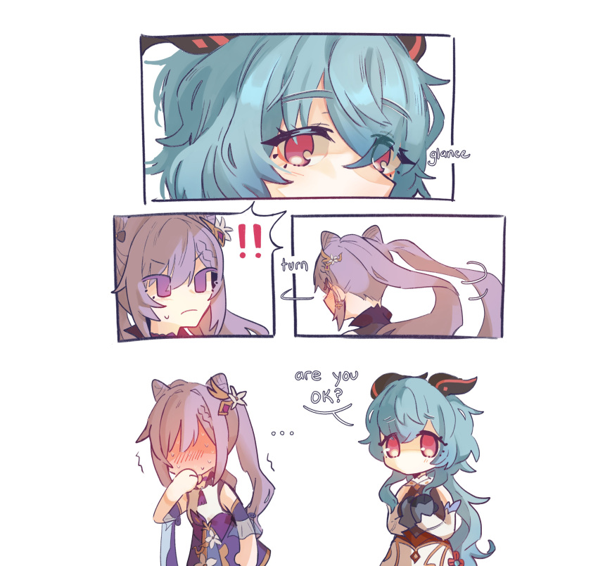 2girls, absurdres, ahoge, bare_shoulders, blue_hair, blush, braid, bunsketches
