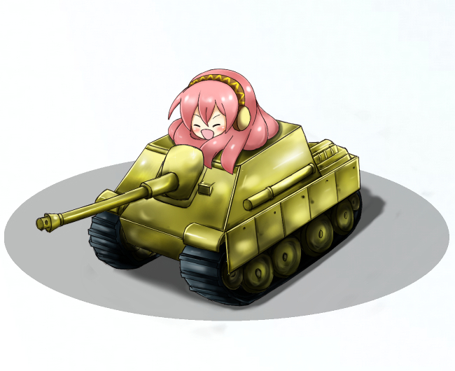 caterpillar_tracks, closed_eyes, jagdpanther, kus, megurine_luka, military, military_vehicle, solo