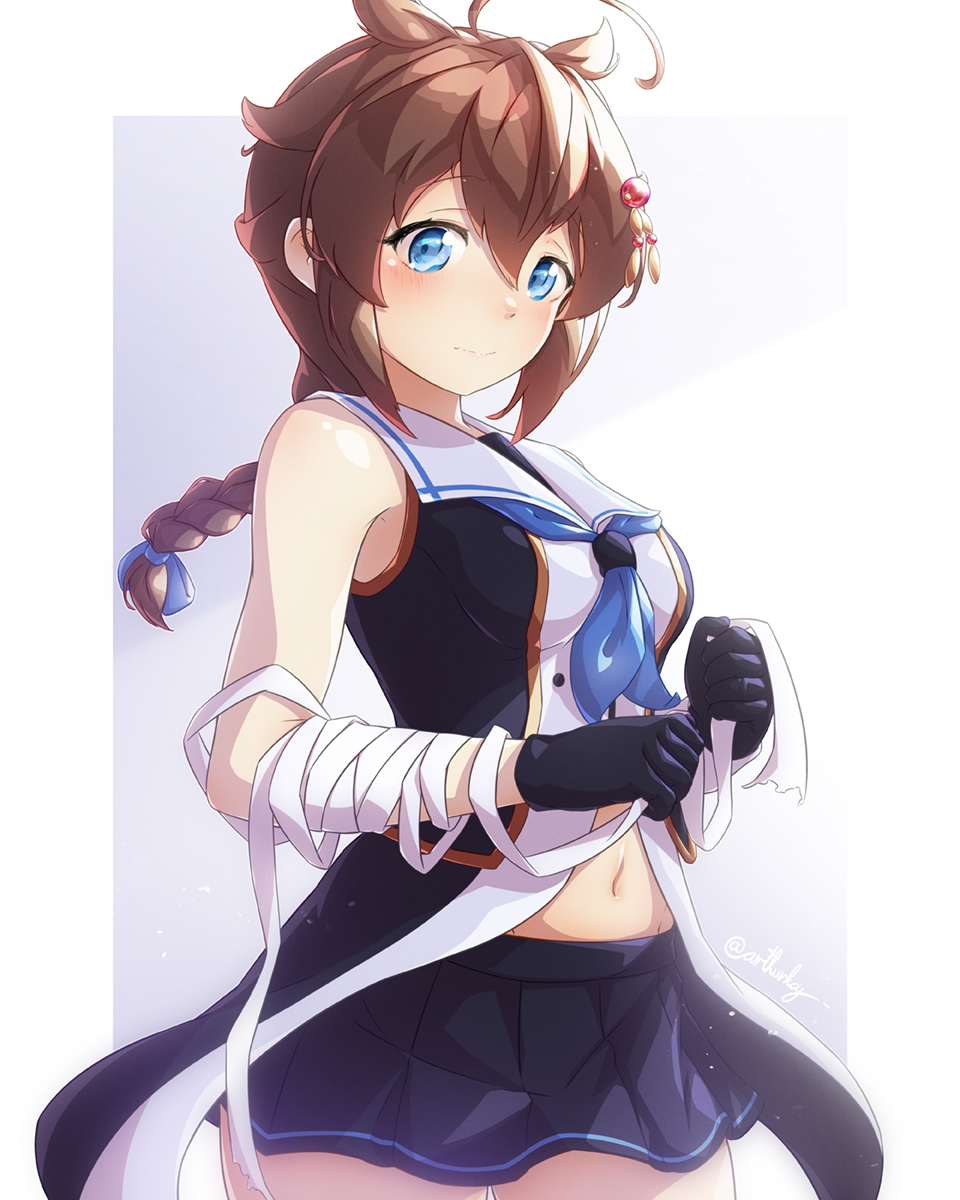 1girl, ahoge, arthur_ko, bandages, black_gloves, black_serafuku, black_skirt, blue_eyes, blue_neckwear, brown_hair, collared_shirt, cosplay, gloves, hair_between_eyes, hair_flaps, hair_ornament, highres, kantai_collection, miniskirt, neckerchief, pleated_skirt, remodel_(kantai_collection), school_uniform, serafuku, shigure_(kancolle), shirt, skirt, sleeveless, sleeveless_shirt, solo, umikaze_(kancolle), umikaze_(kancolle)_(cosplay)