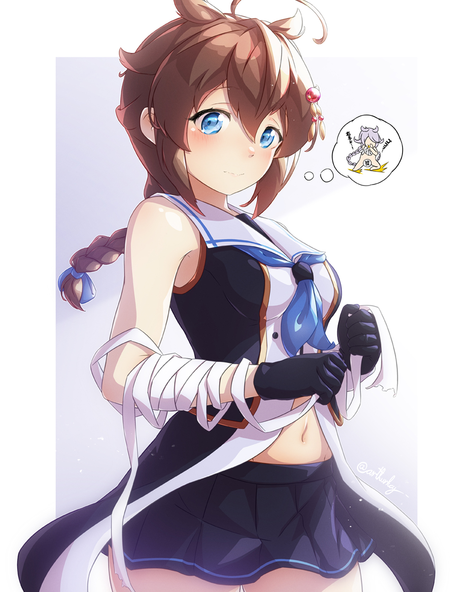 2girls, ahoge, arthur_ko, bandages, black_gloves, black_serafuku, black_skirt, blue_eyes, blue_neckwear, braid, brown_hair, collared_shirt, cosplay, gloves, hair_between_eyes, hair_flaps, hair_ornament, highres, kantai_collection, miniskirt, multiple_girls, neckerchief, pleated_skirt, remodel_(kantai_collection), school_uniform, serafuku, shigure_(kancolle), shirt, single_braid, skirt, sleeveless, sleeveless_shirt, solo_focus, umikaze_(kancolle), umikaze_(kancolle)_(cosplay)