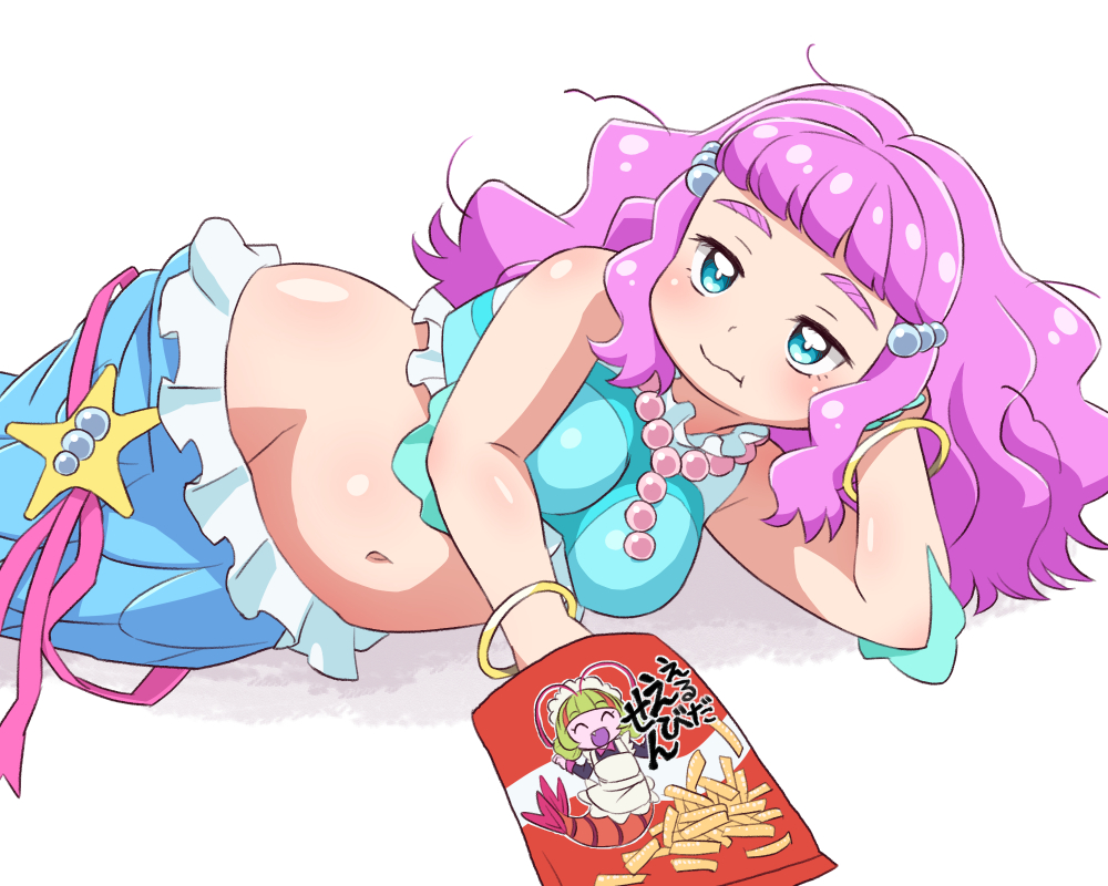 1girl, :t, ^_^, antennae, apron, aqua_shirt, arm_rest, bag_of_chips